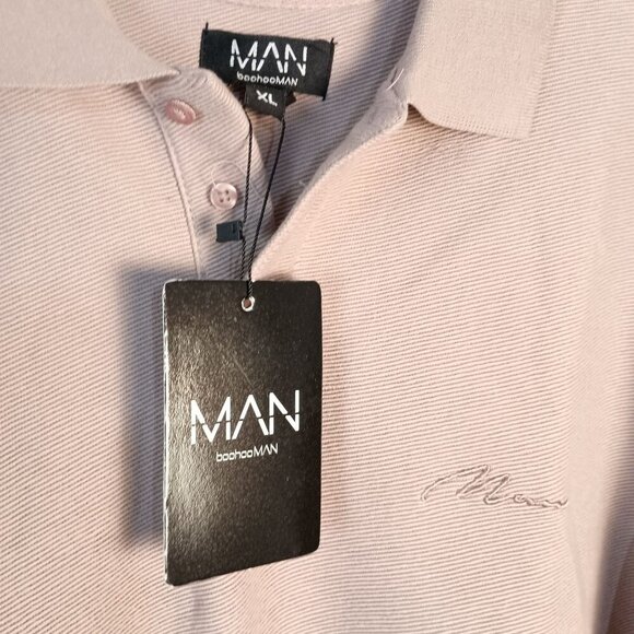 BoohooMAN Polo Shirt XL Light Tan Cotton Waffle Knit Embroidered Tipped NWT - Picture 6 of 6